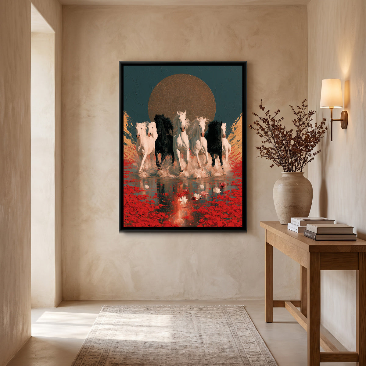 7 Horses — canvas art shown in a second room setting