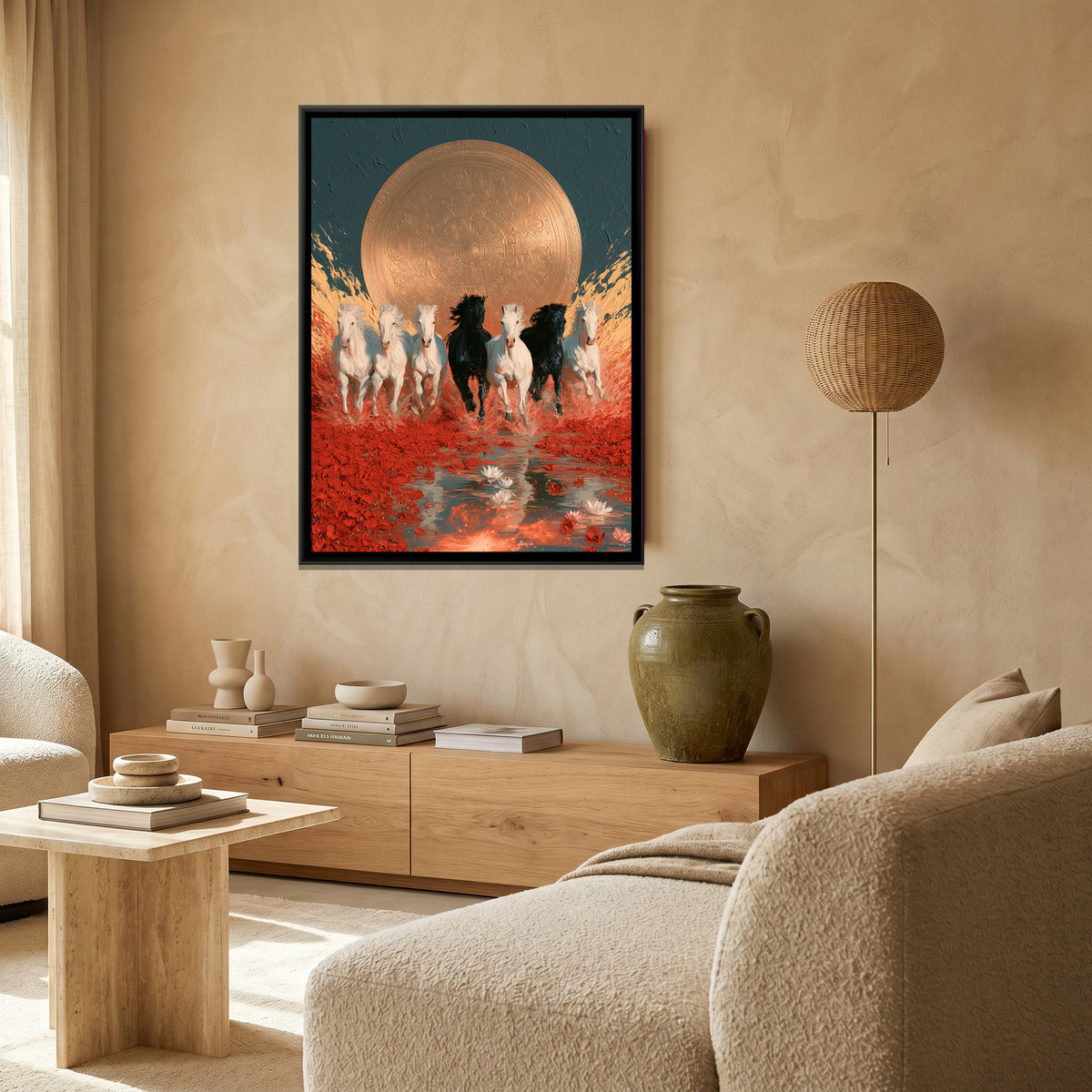 7 Horses — canvas art shown in a second room setting