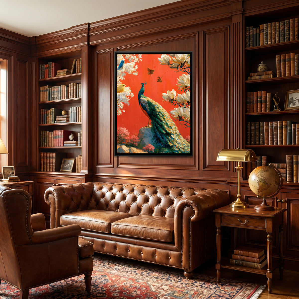 Chinoiserie Peacock — canvas art shown in a styled room