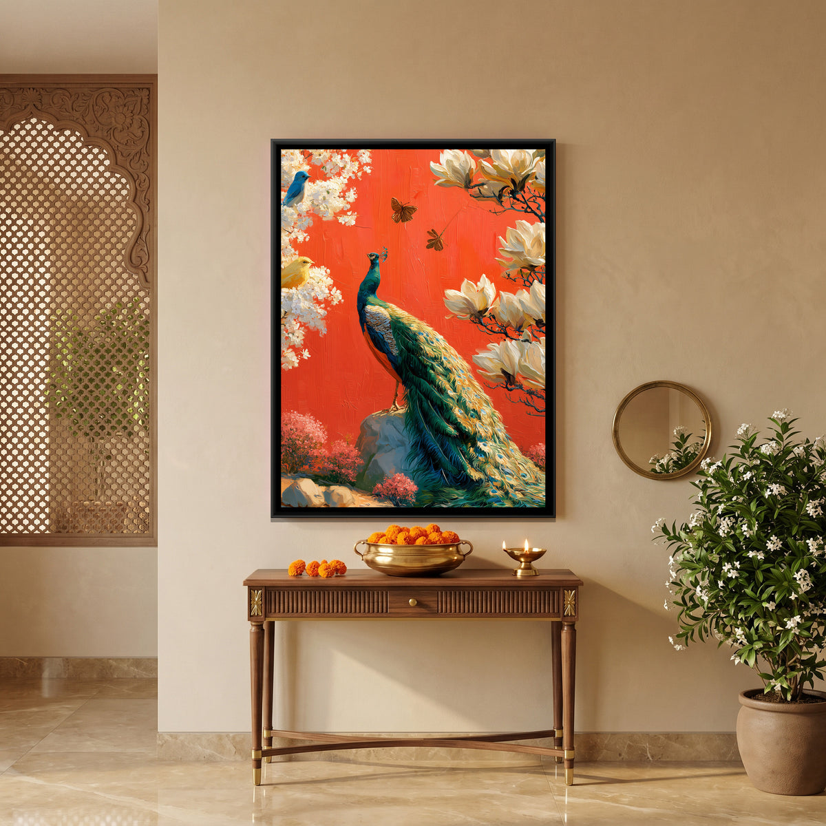 Chinoiserie Peacock — canvas art shown in a second room setting