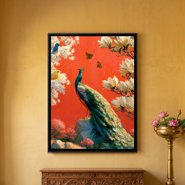 Chinoiserie Peacock — framed canvas art hung on a wall