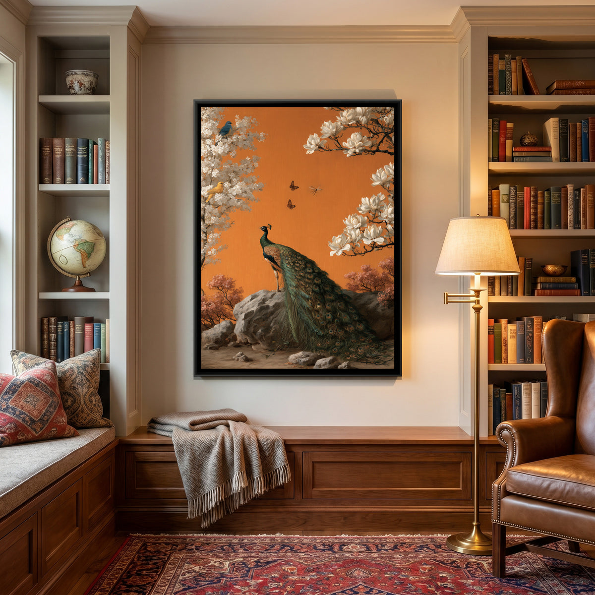 Chinoiserie Peacock — canvas art shown in a styled room