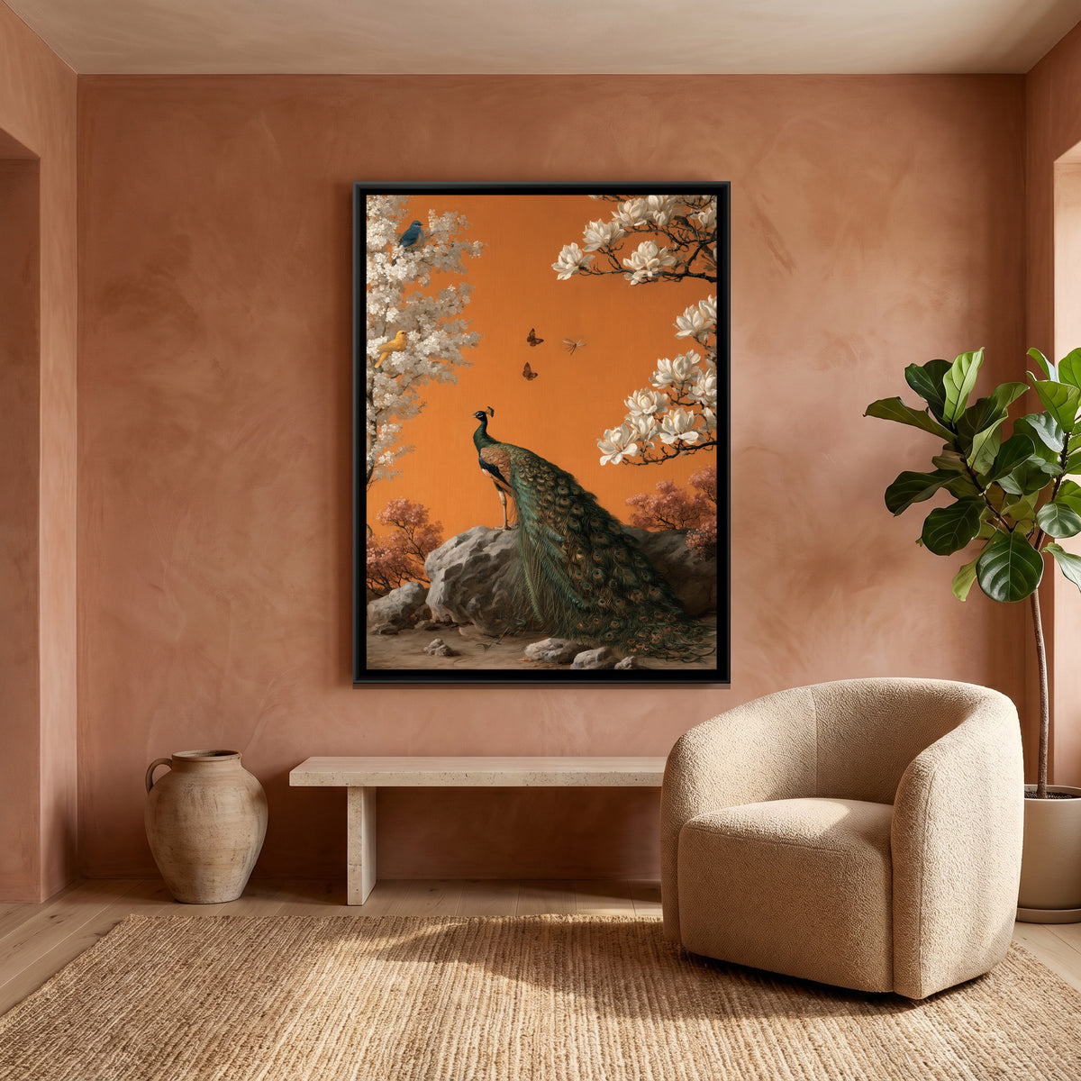 Chinoiserie Peacock — canvas art shown in a second room setting