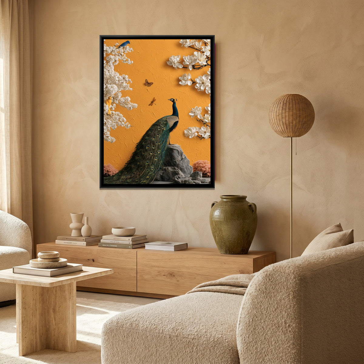 Chinoiserie Peacock — canvas art shown in a second room setting