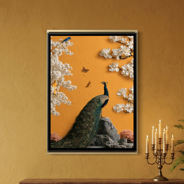 Chinoiserie Peacock — framed canvas art hung on a wall