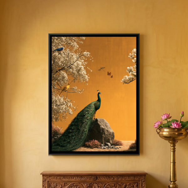Chinoiserie Peacock — framed canvas art hung on a wall