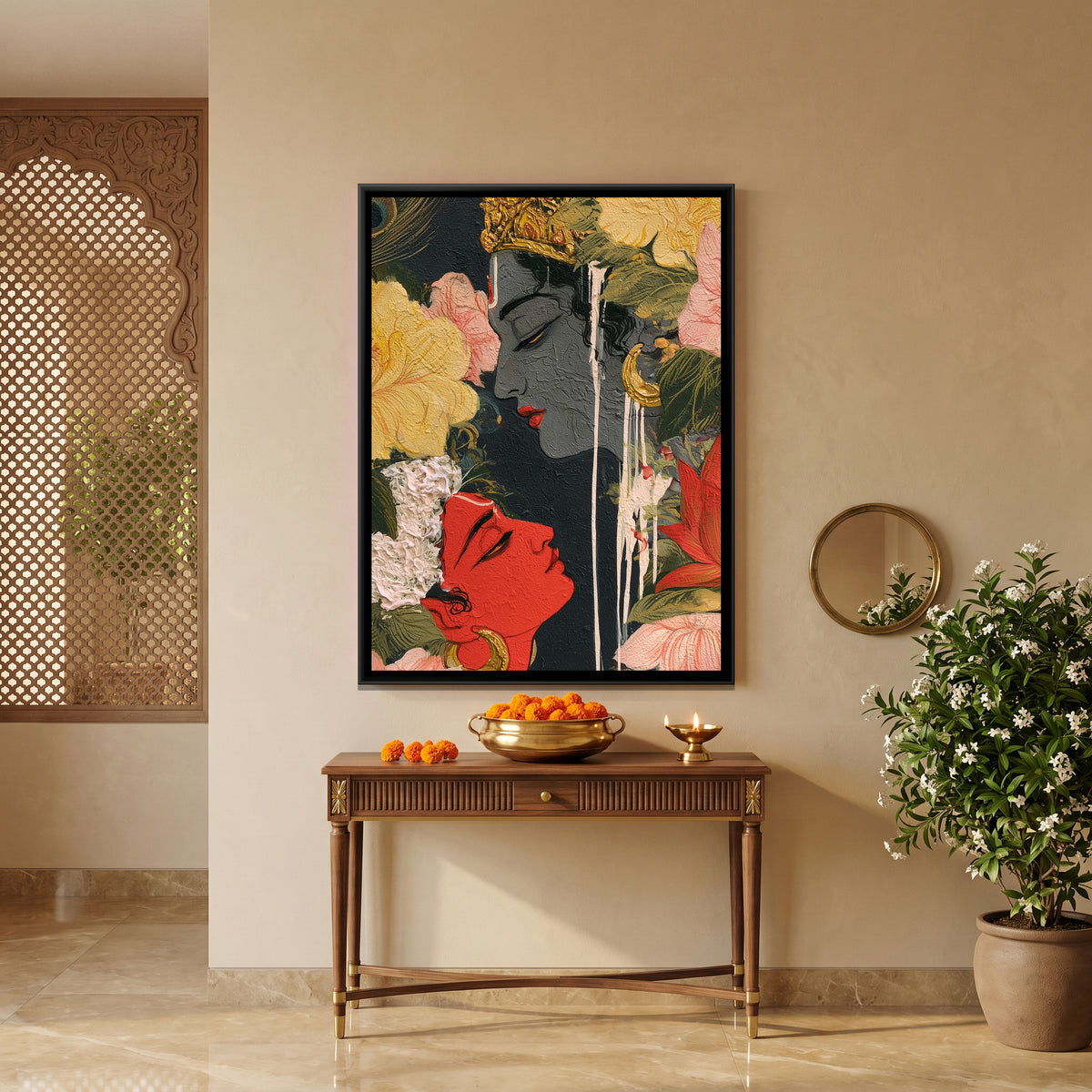 Shri Radha Krishna — canvas art shown in a styled room