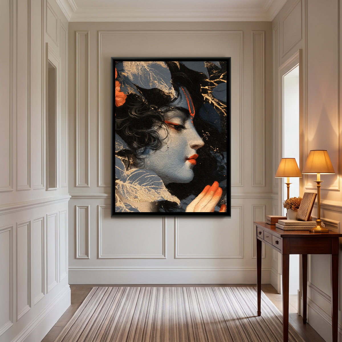 Shri Krishna Face — canvas art shown in a styled room