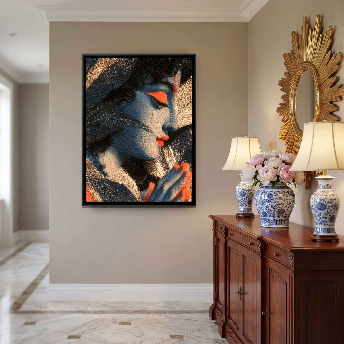 Shri Krishna Face — canvas art shown in a styled room