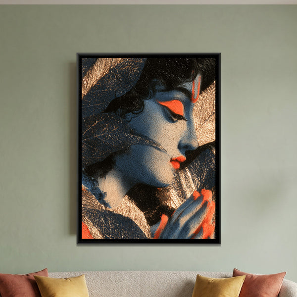 Shri Krishna Face — framed canvas art hung on a wall