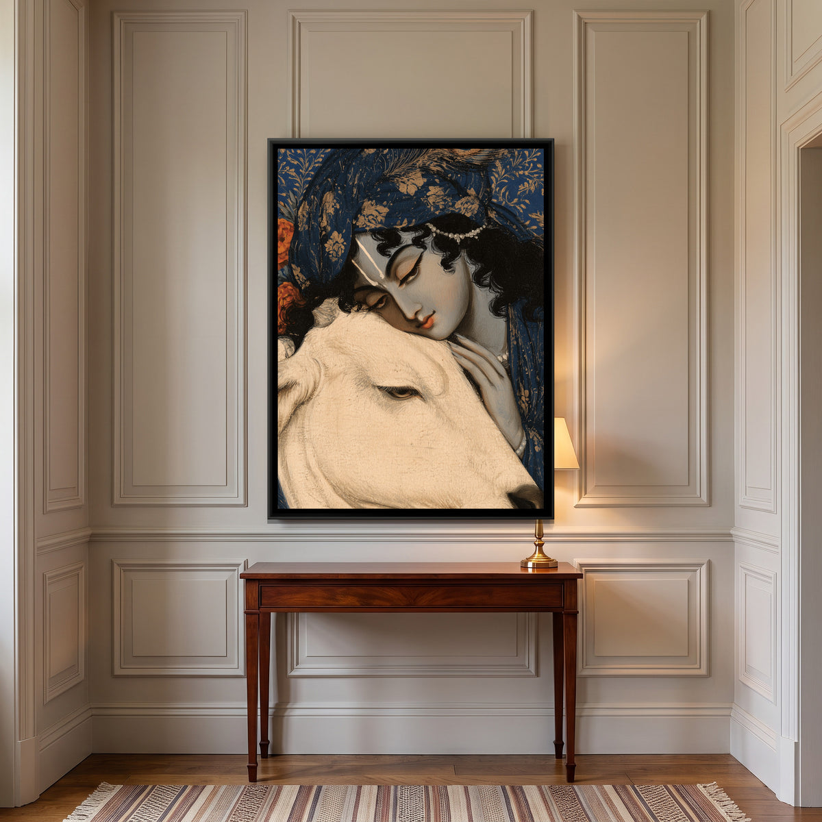 Shri Krishna with Cow — canvas art shown in a second room setting