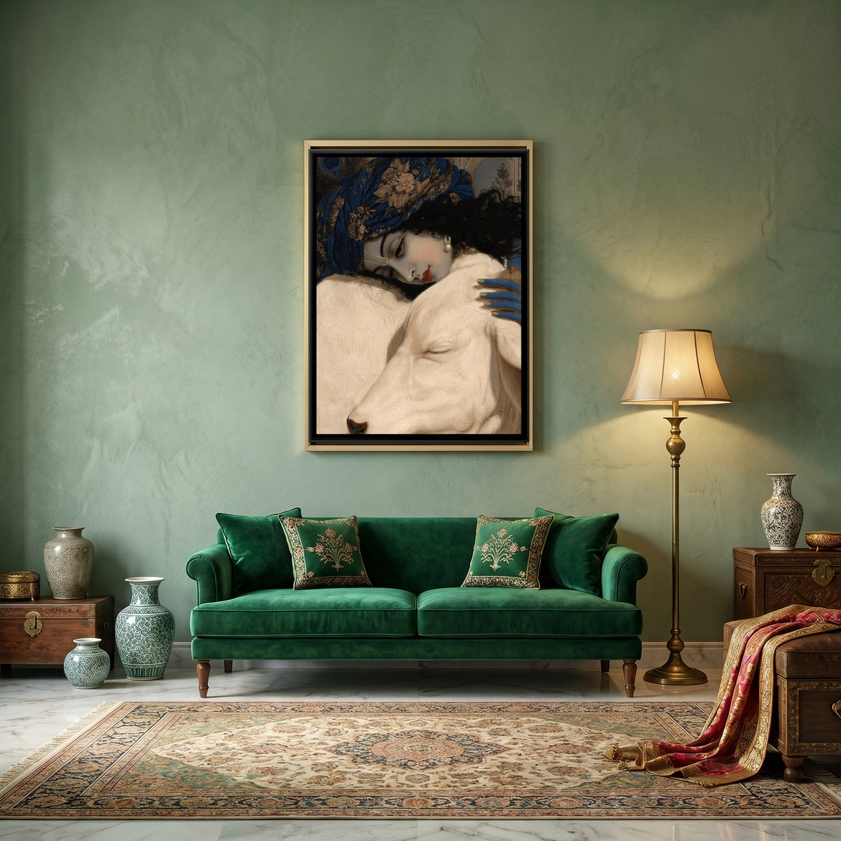 Shri Krishna with Cow — canvas art shown in a styled room