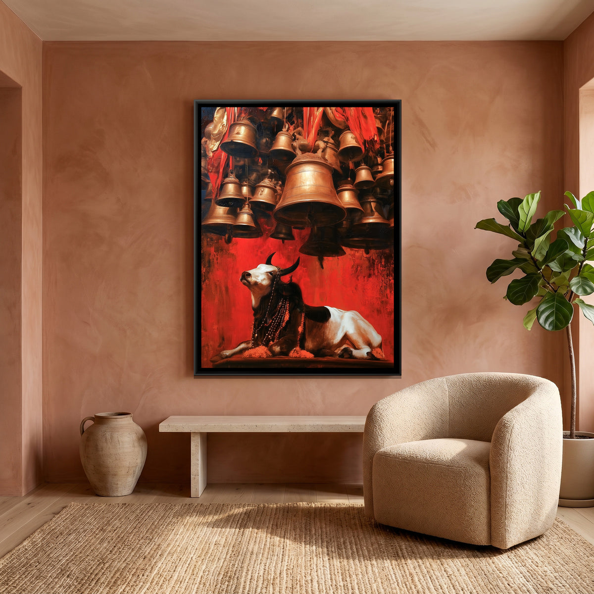 Nandi Ji Under Temple Bells — canvas art shown in a second room setting
