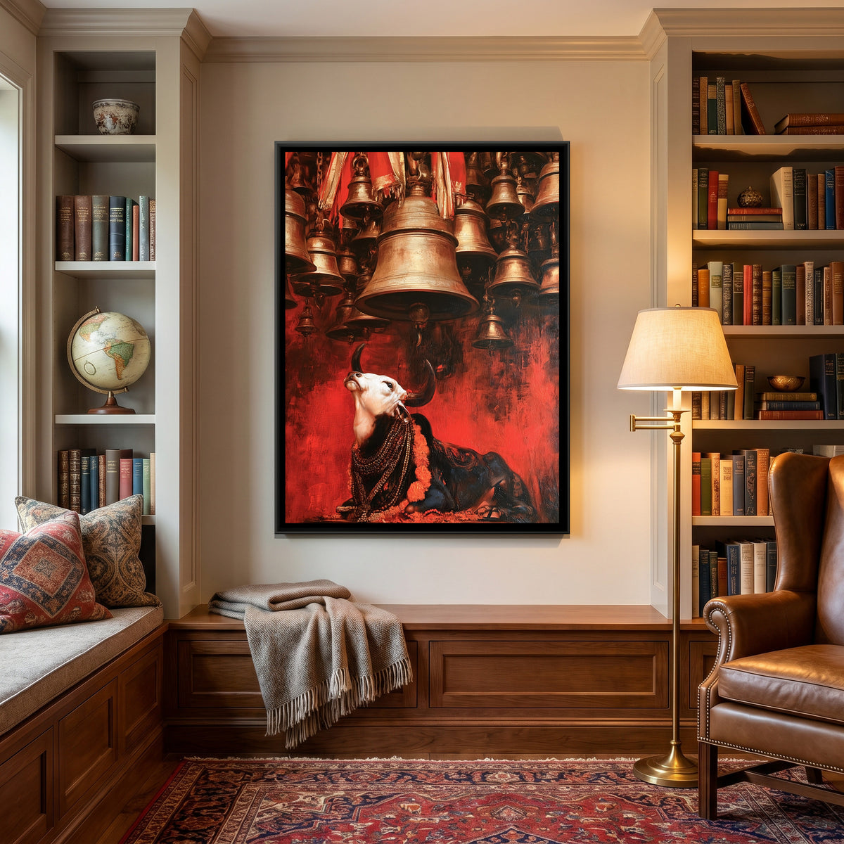 Nandi Ji Under Temple Bells — canvas art shown in a second room setting