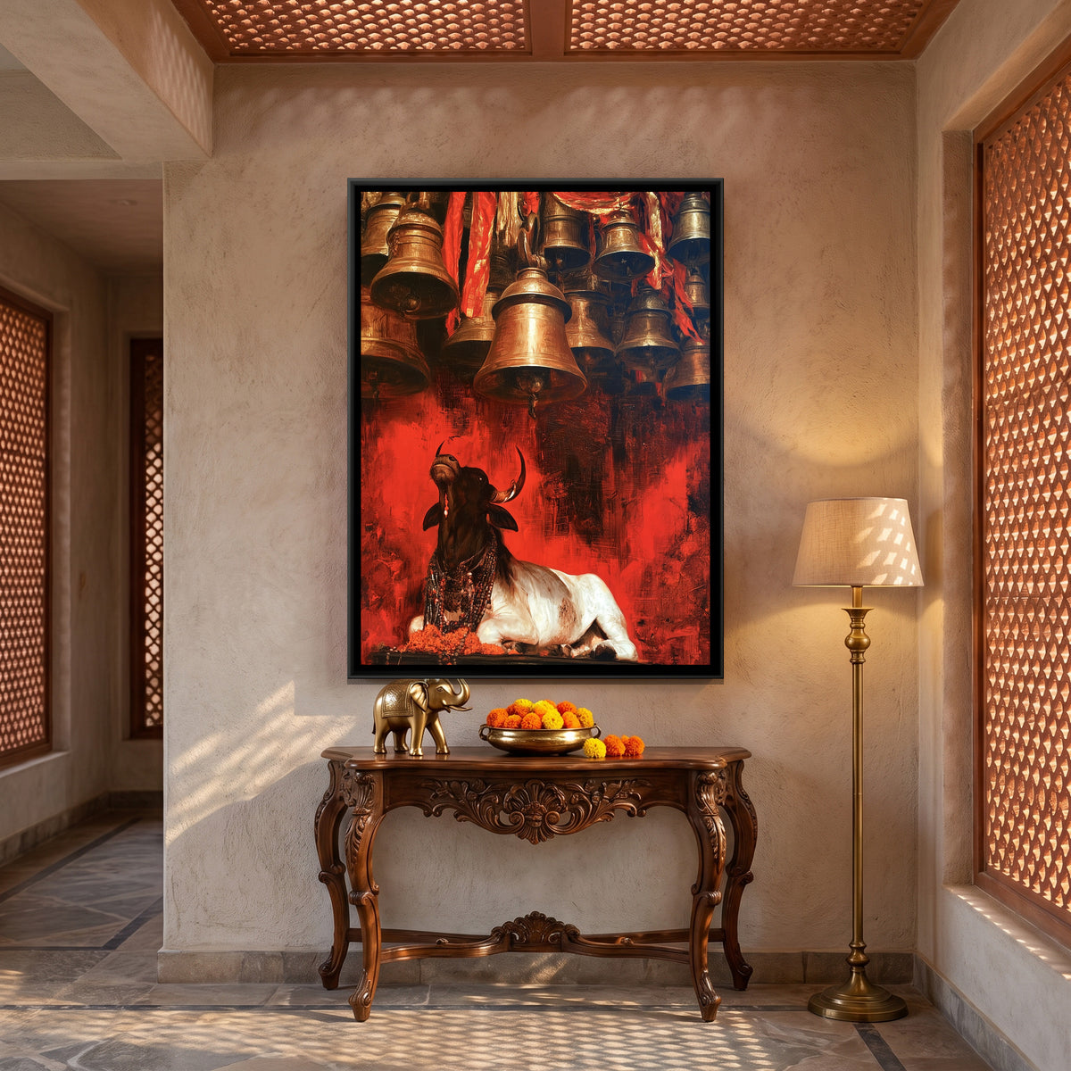 Nandi Ji Under Temple Bells — canvas art shown in a second room setting