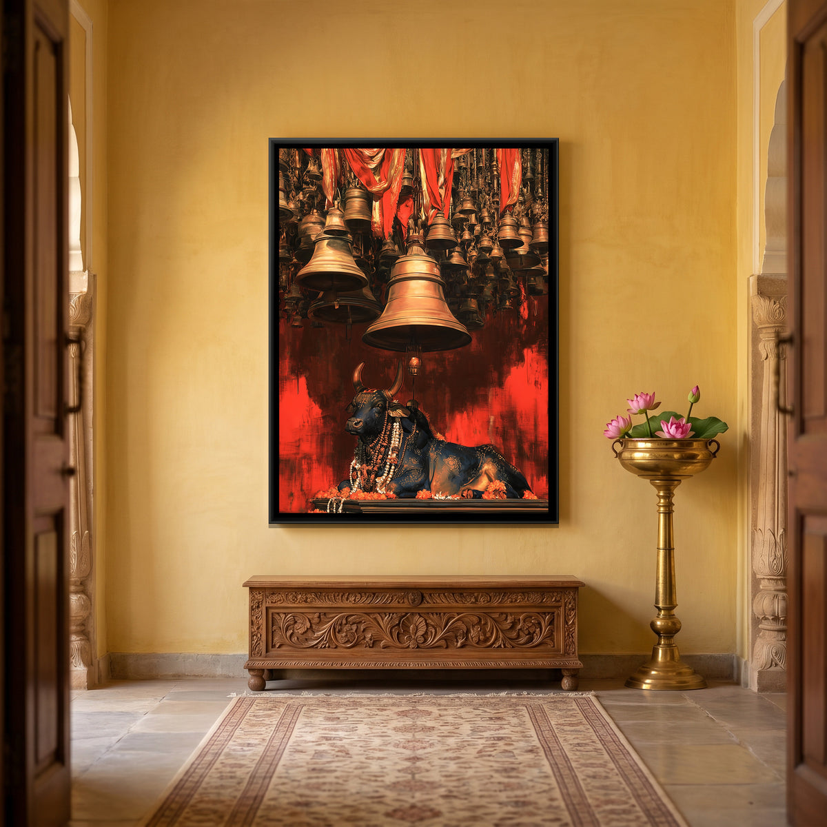 Nandi Ji Under Temple Bells — canvas art shown in a styled room