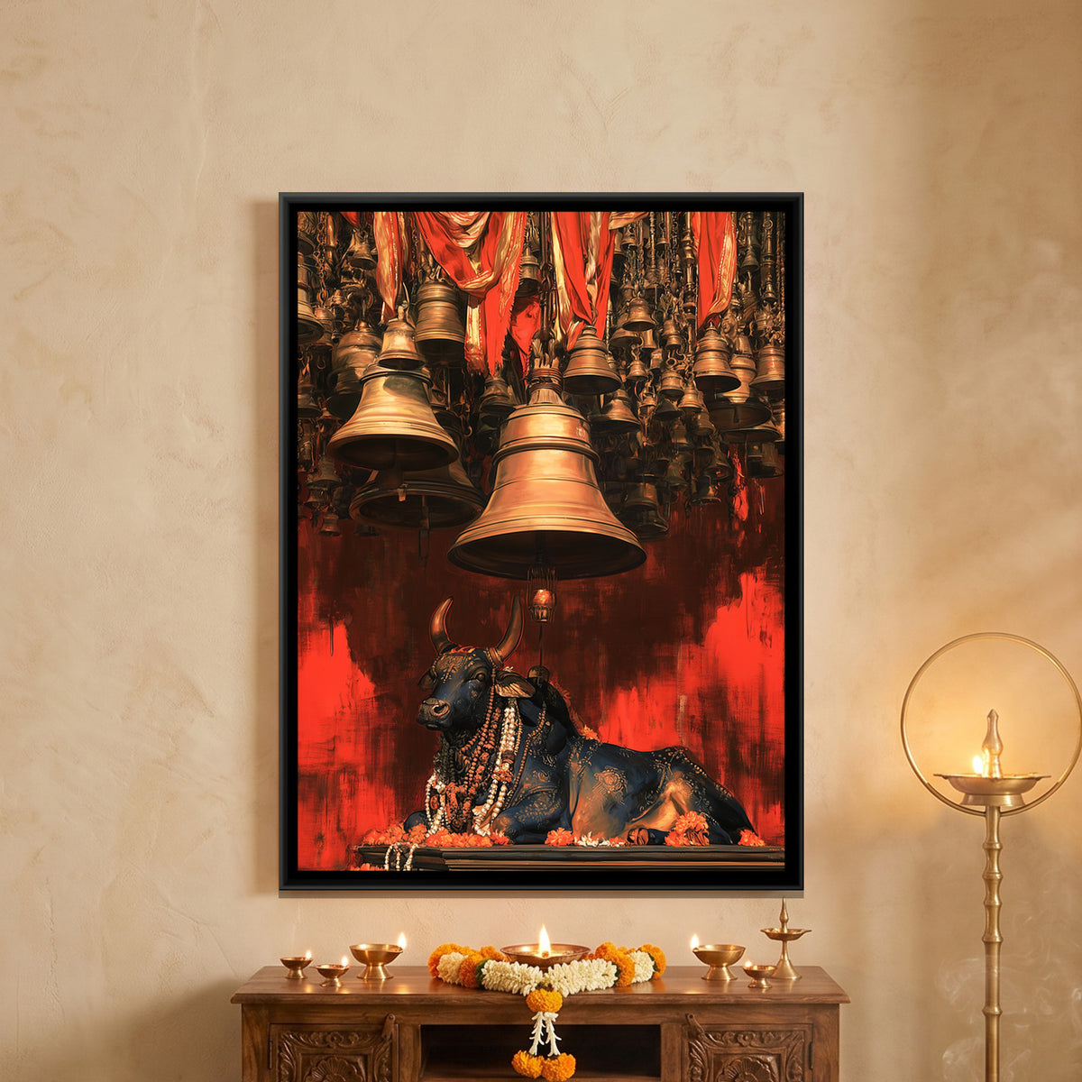 Nandi Ji Under Temple Bells — framed canvas art hung on a wall