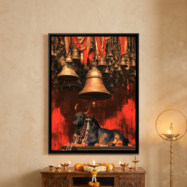 Nandi Ji Under Temple Bells — framed canvas art hung on a wall