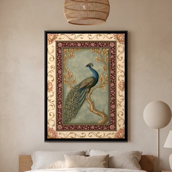 Mughal Peacock — framed canvas art hung on a wall