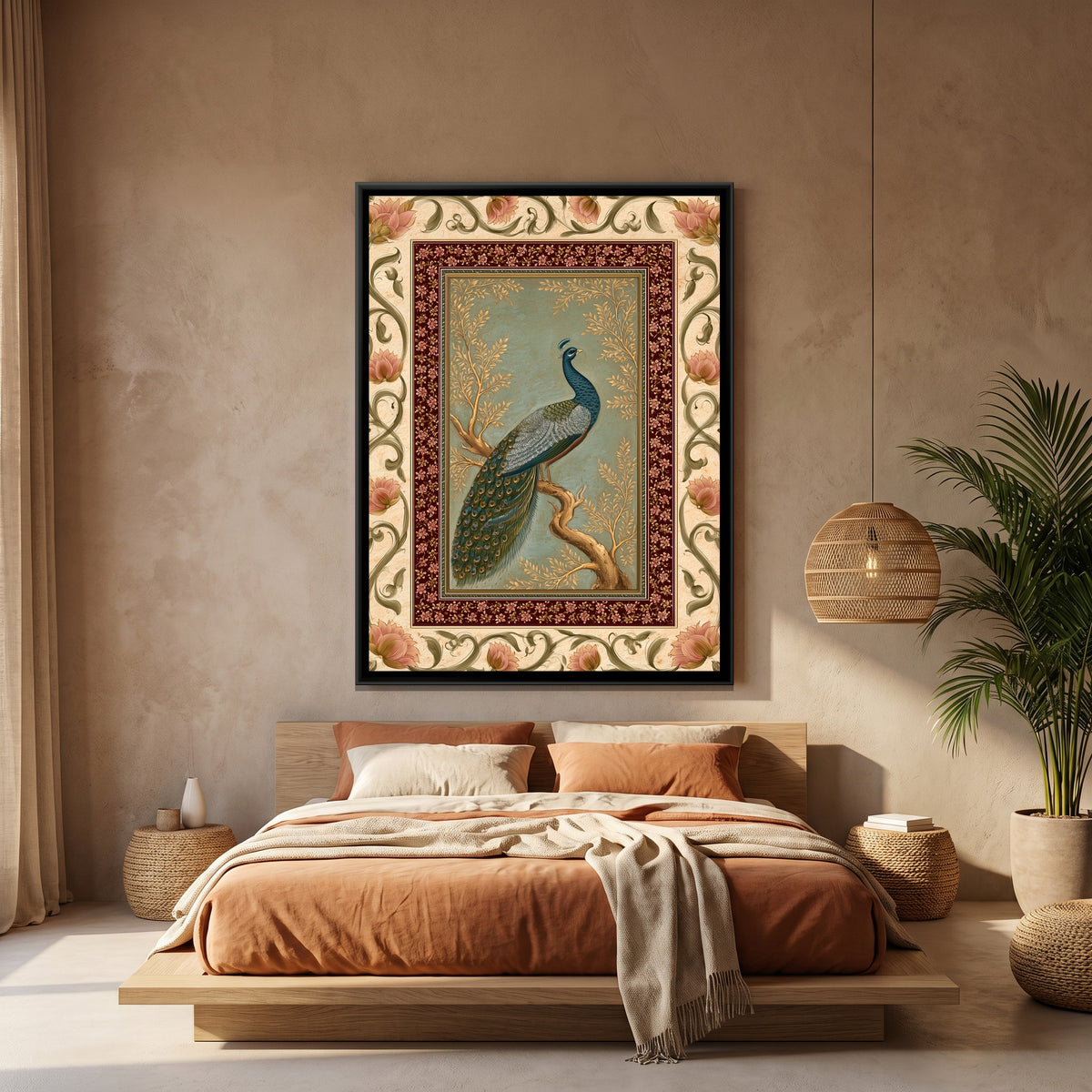 Mughal Peacock — canvas art shown in a styled room