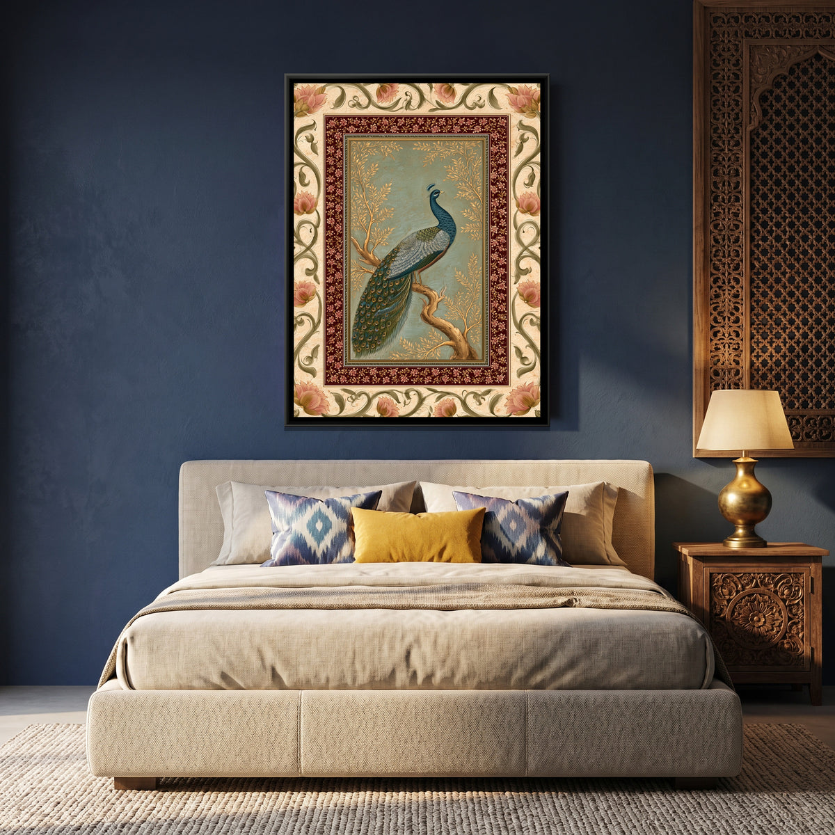 Mughal Peacock — canvas art shown in a second room setting