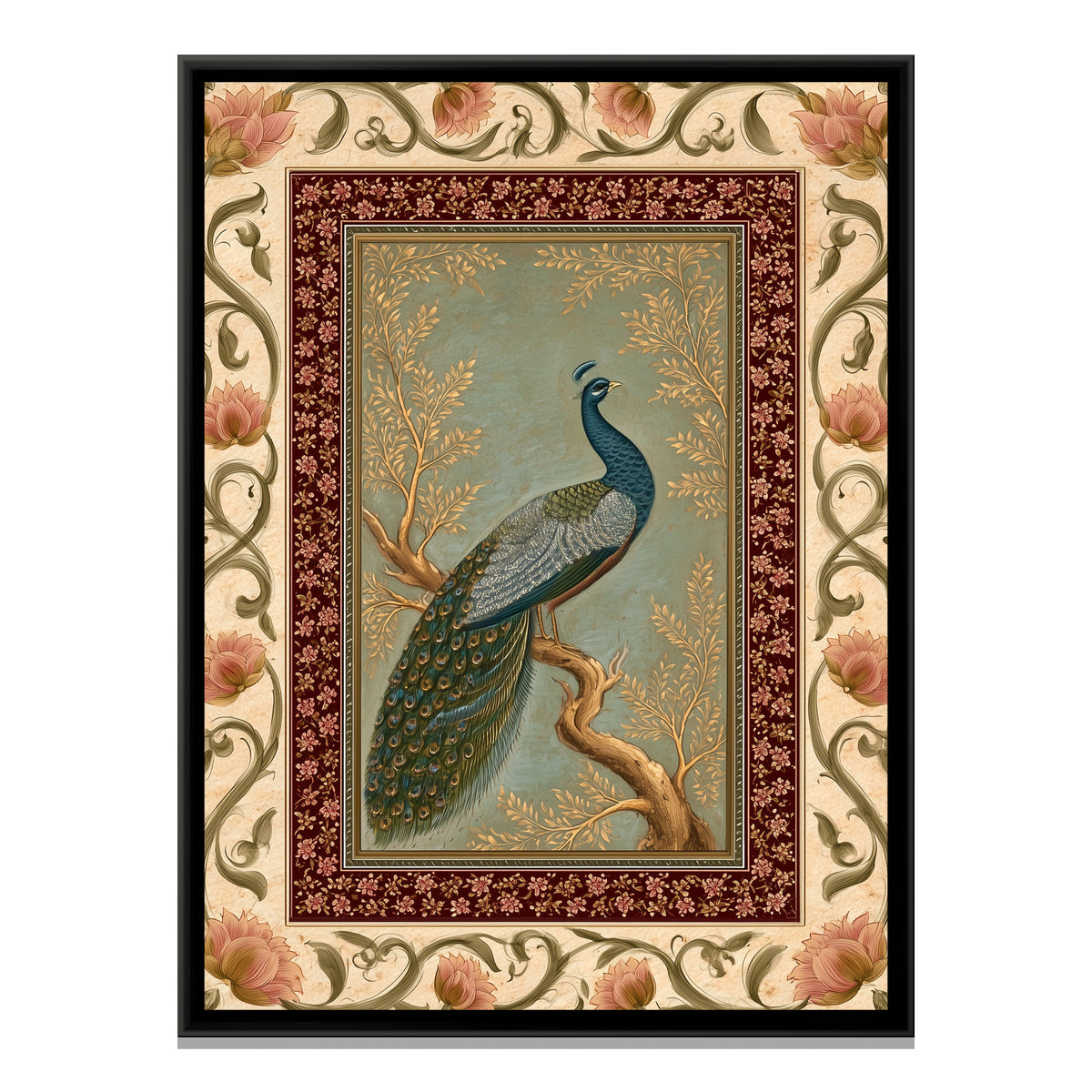 Mughal Peacock — framed canvas print, front view