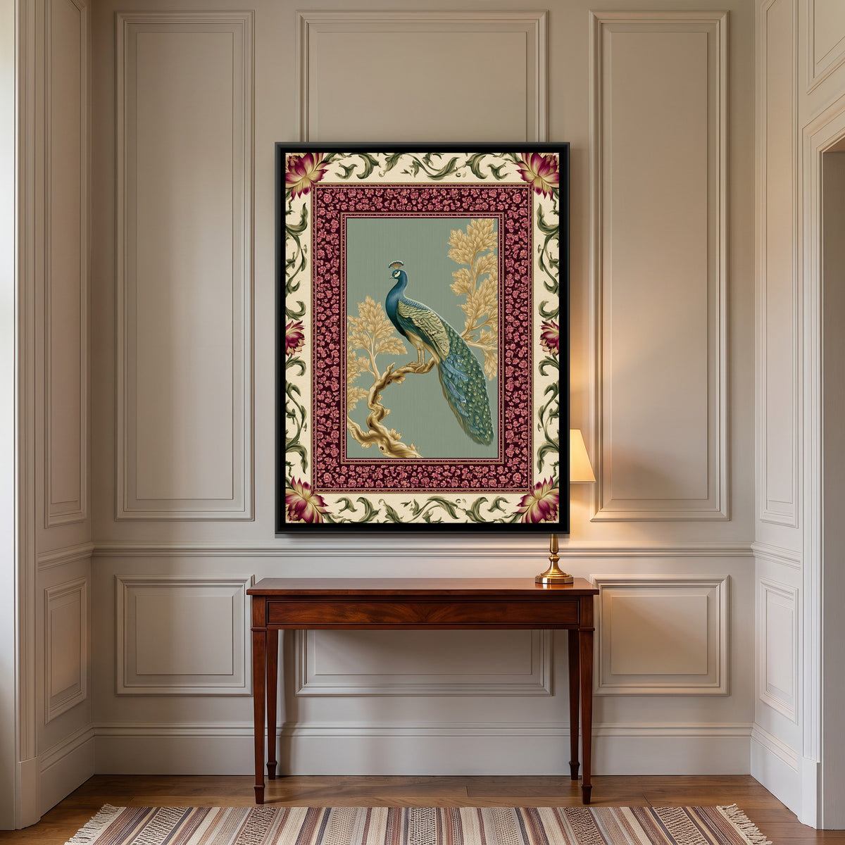 Mughal Peacock — canvas art shown in a styled room