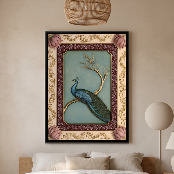 Mughal Peacock — framed canvas art hung on a wall