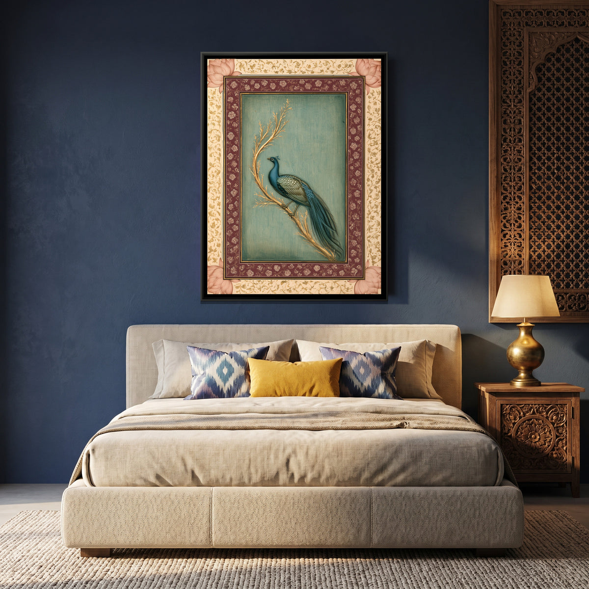 Mughal Peacock — canvas art shown in a second room setting