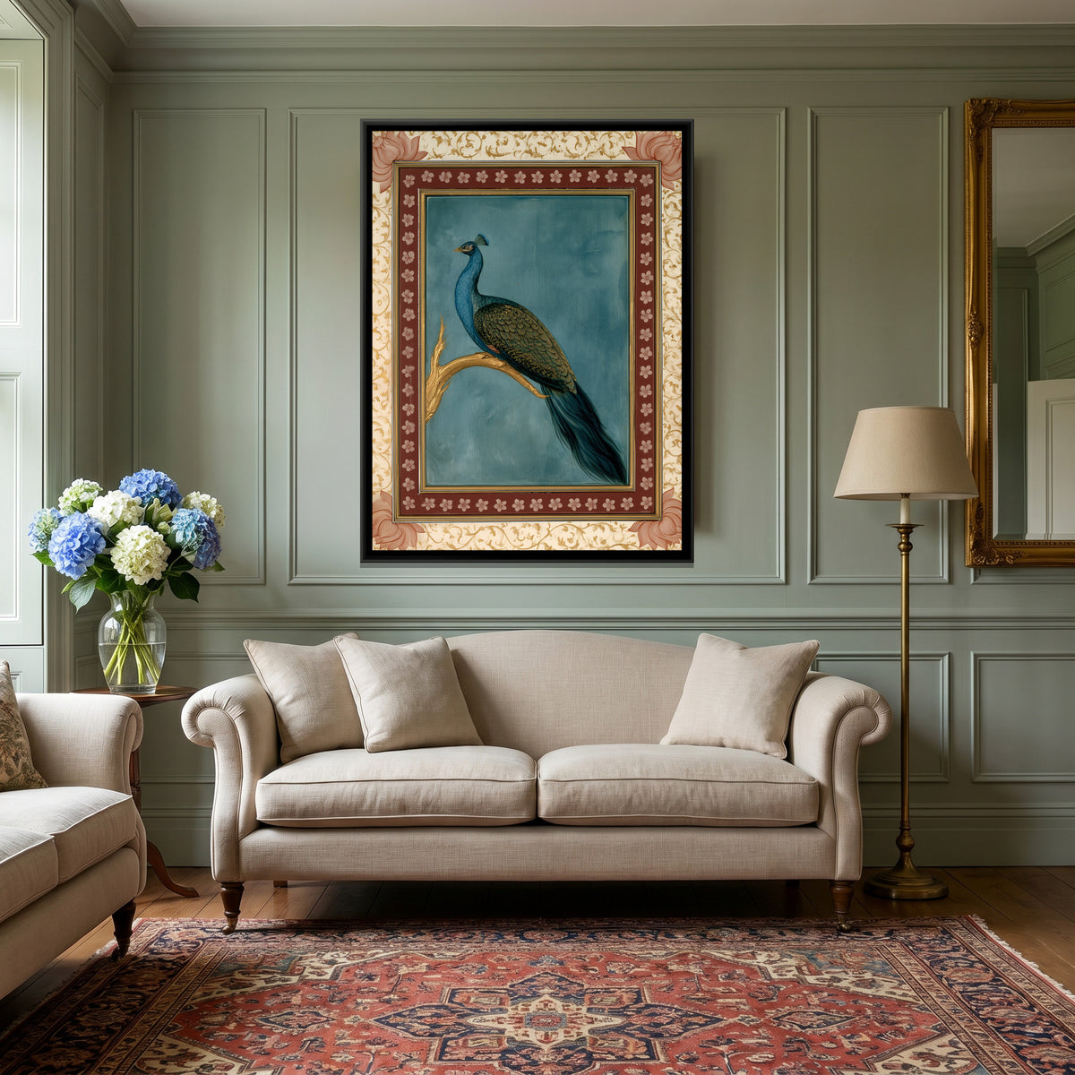 Mughal Peacock — canvas art shown in a styled room
