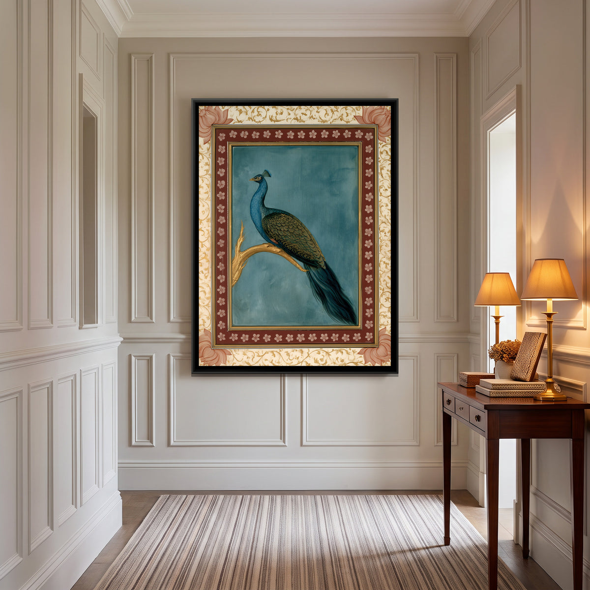 Mughal Peacock — canvas art shown in a second room setting