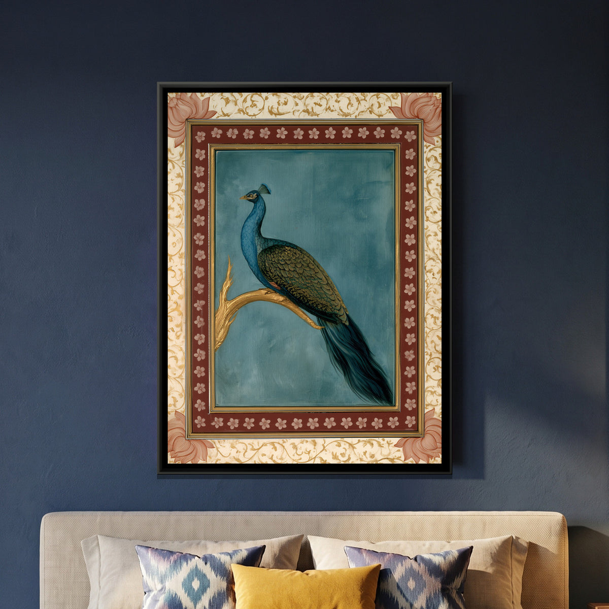 Mughal Peacock — framed canvas art hung on a wall