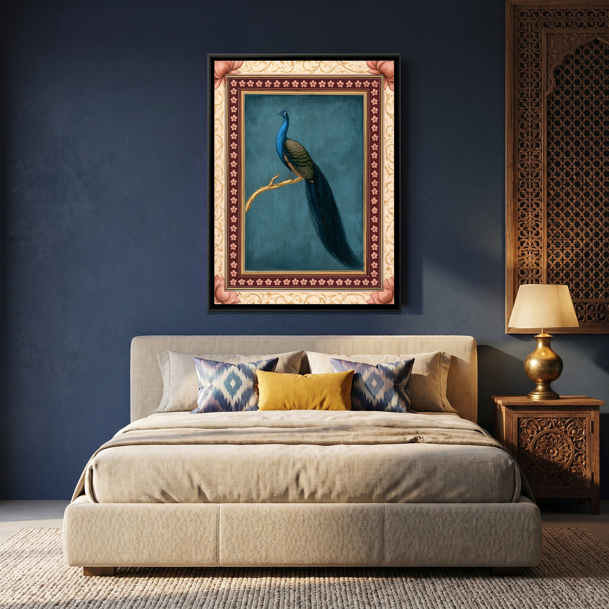 Mughal Peacock — canvas art shown in a styled room