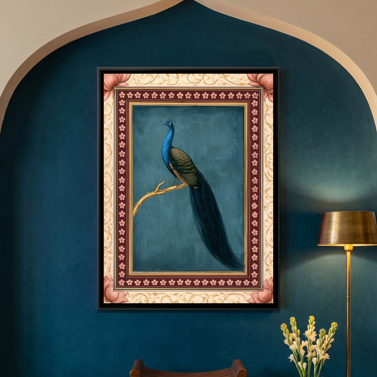Mughal Peacock — framed canvas art hung on a wall