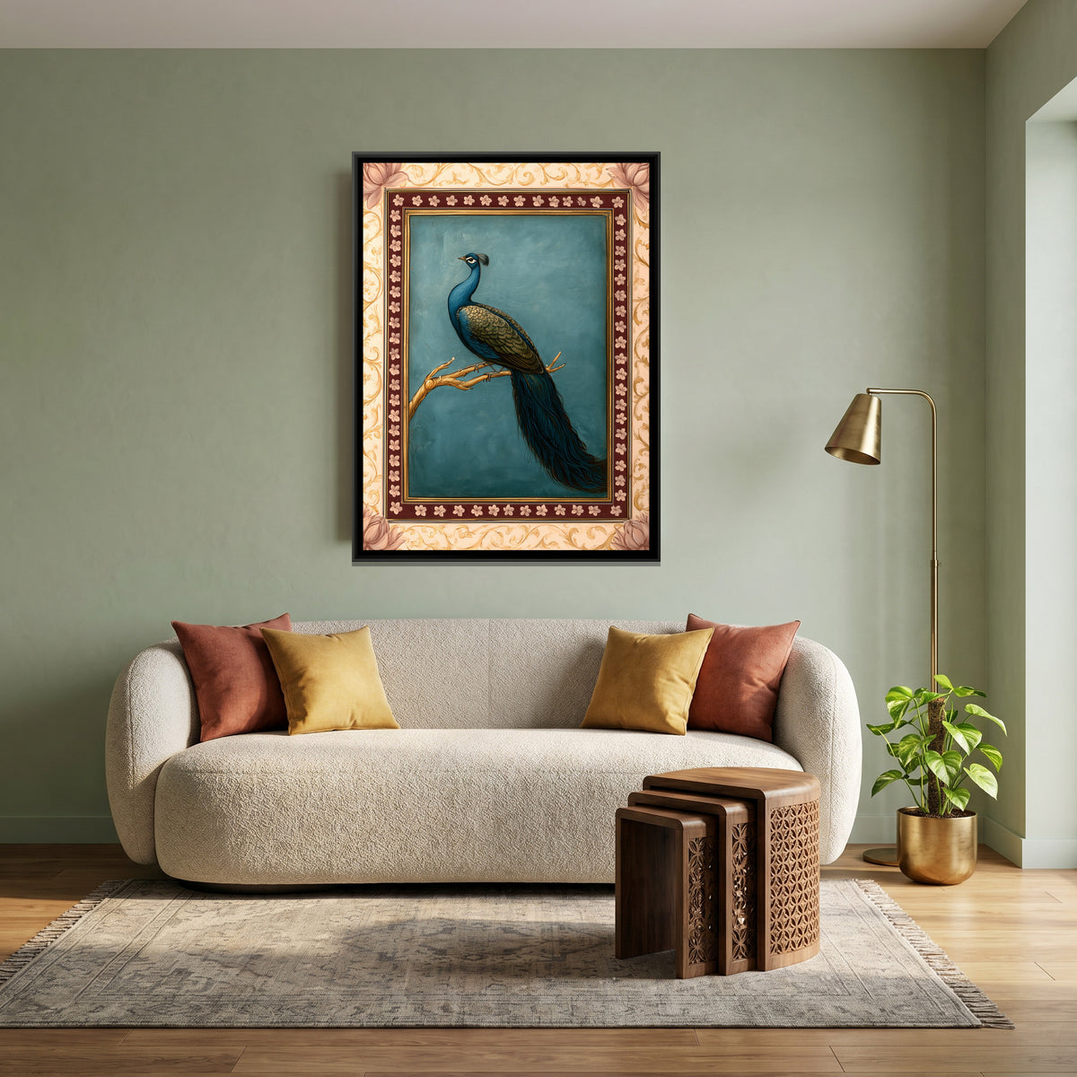Mughal Peacock — canvas art shown in a second room setting