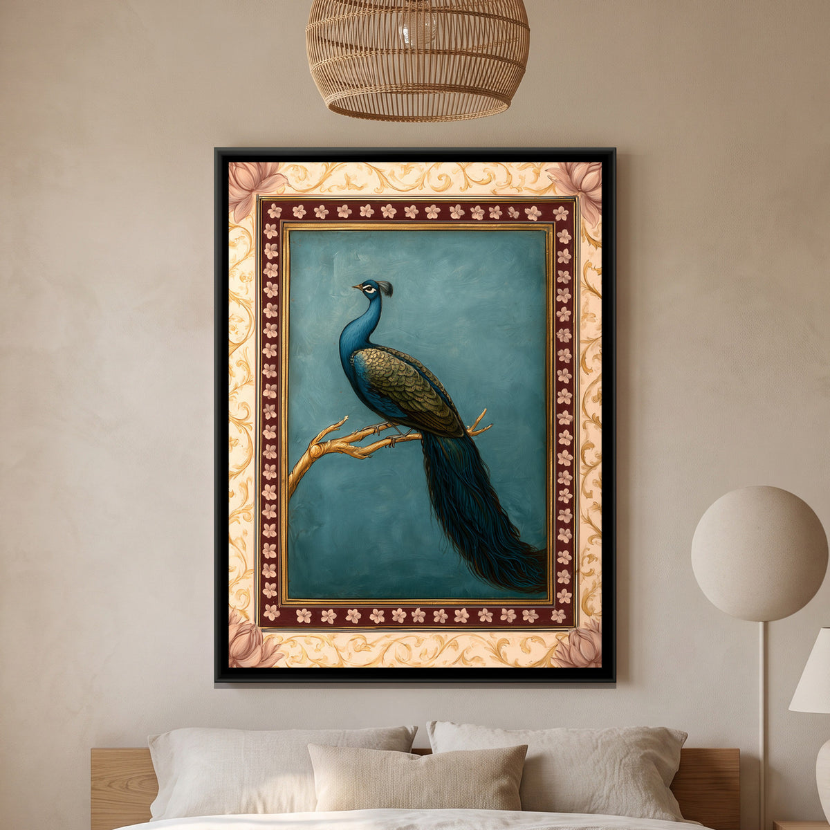 Mughal Peacock — framed canvas art hung on a wall