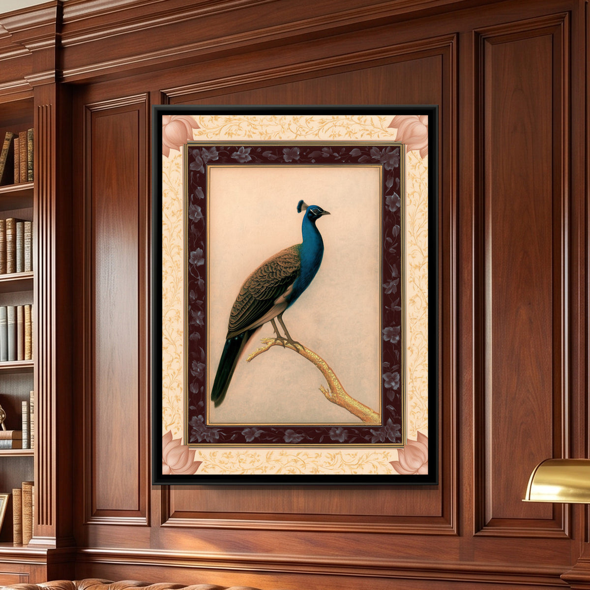 Mughal Peacock — framed canvas art hung on a wall