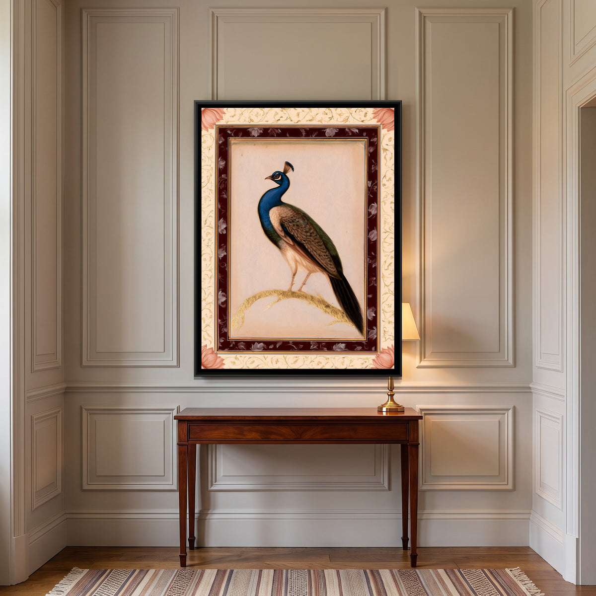 Mughal Peacock — canvas art shown in a second room setting