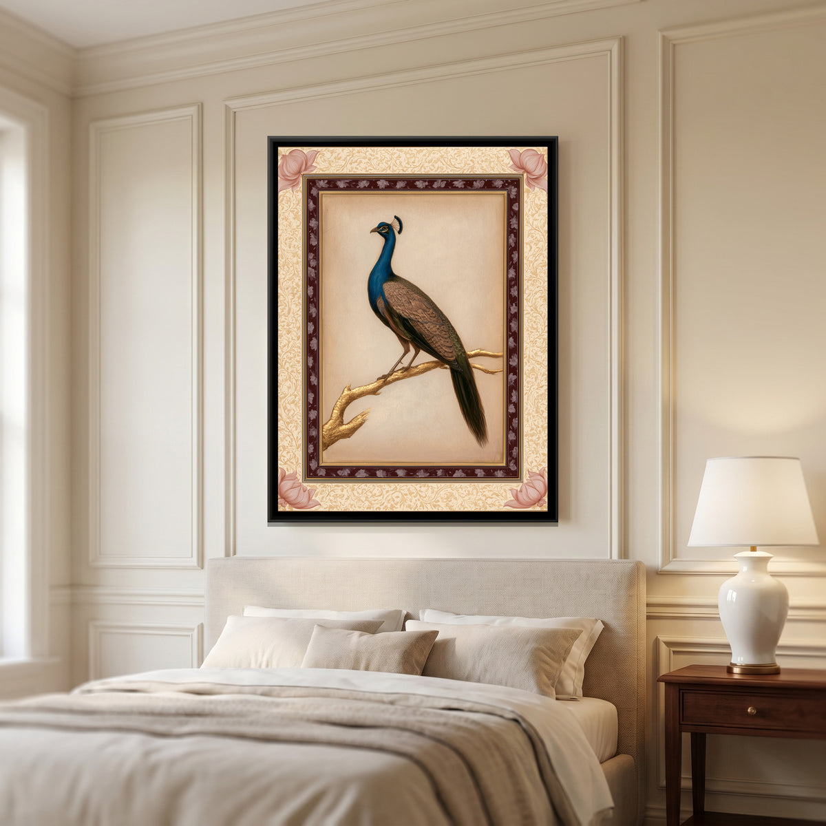 Mughal Peacock — canvas art shown in a second room setting