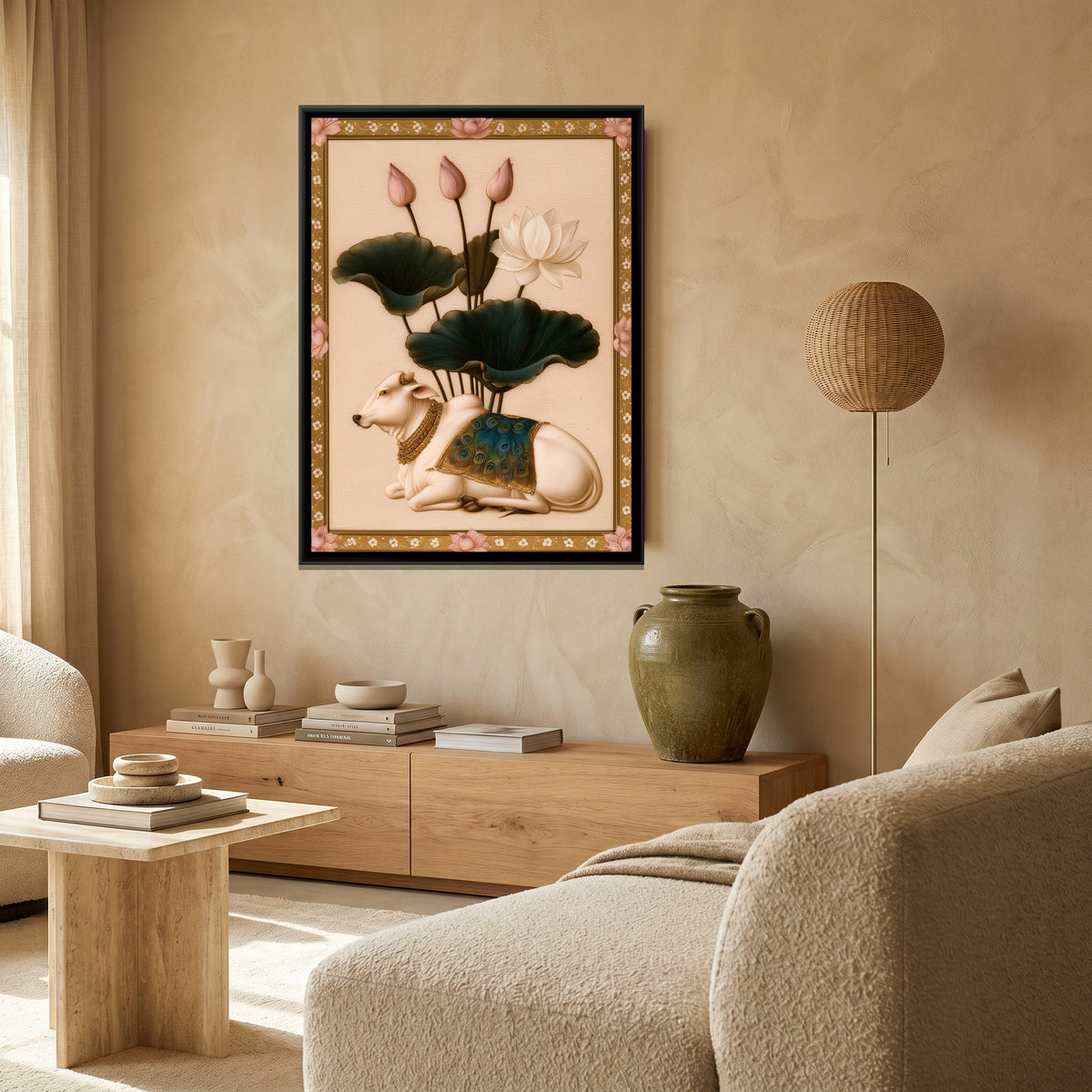 Pichwai Cow with Lotus — canvas art shown in a styled room