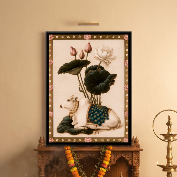 Pichwai Cow with Lotus — framed canvas art hung on a wall