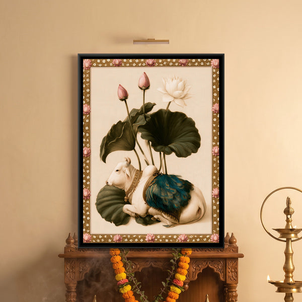 Pichwai Cow with Lotus — framed canvas art hung on a wall