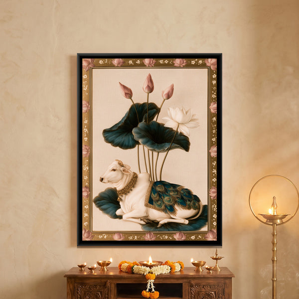 Pichwai Cow with Lotus — framed canvas art hung on a wall