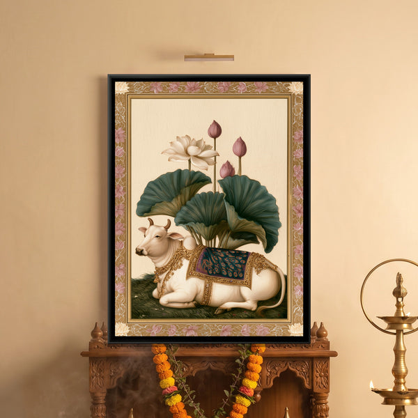 Pichwai Cow with Lotus — framed canvas art hung on a wall