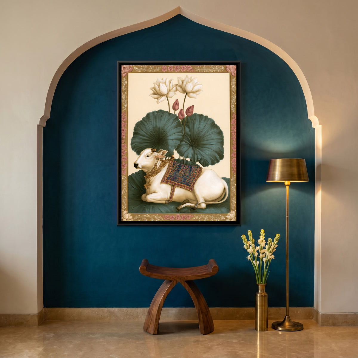 Pichwai Cow with Lotus — canvas art shown in a styled room