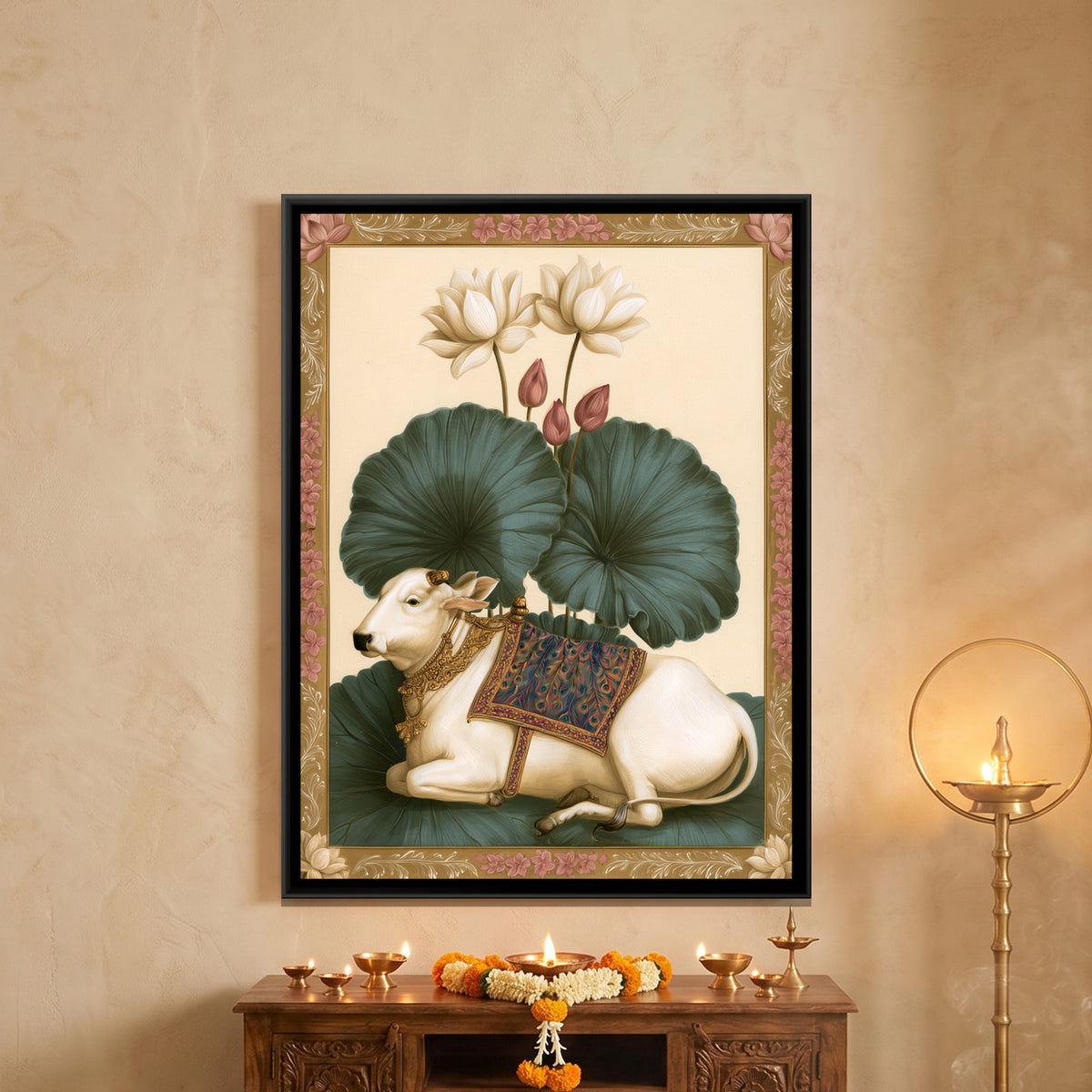 Pichwai Cow with Lotus — framed canvas art hung on a wall