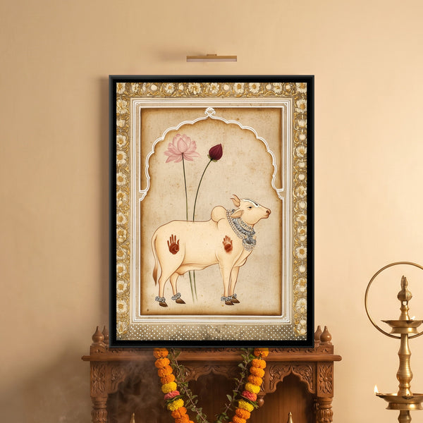 Pichwai Cow — framed canvas art hung on a wall