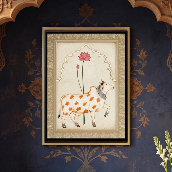 Pichwai Cow — framed canvas art hung on a wall