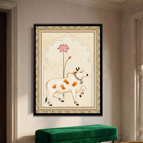 Pichwai Cow — framed canvas art hung on a wall