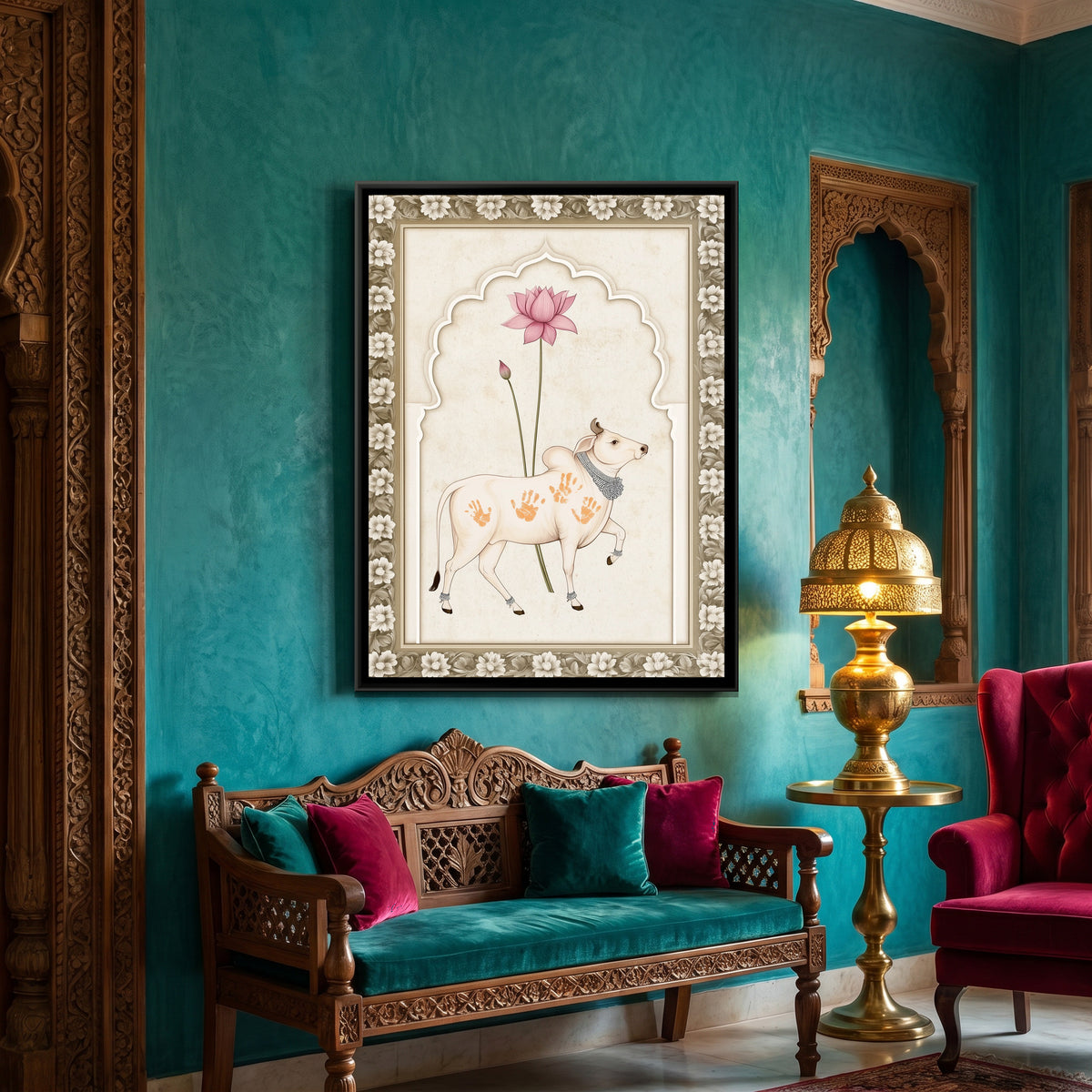Pichwai Cow — canvas art shown in a styled room